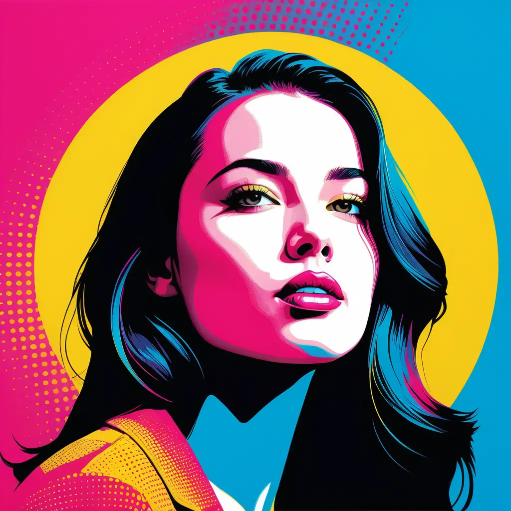 Ritratto pop art di una donna pensierosa con puntini in mezzatinta