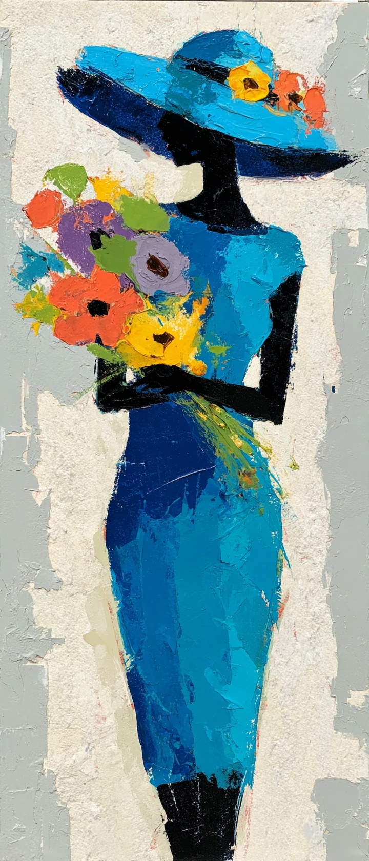 Mulher de Chapéu Azul com Flores Pintura Folclórica em Acrílico