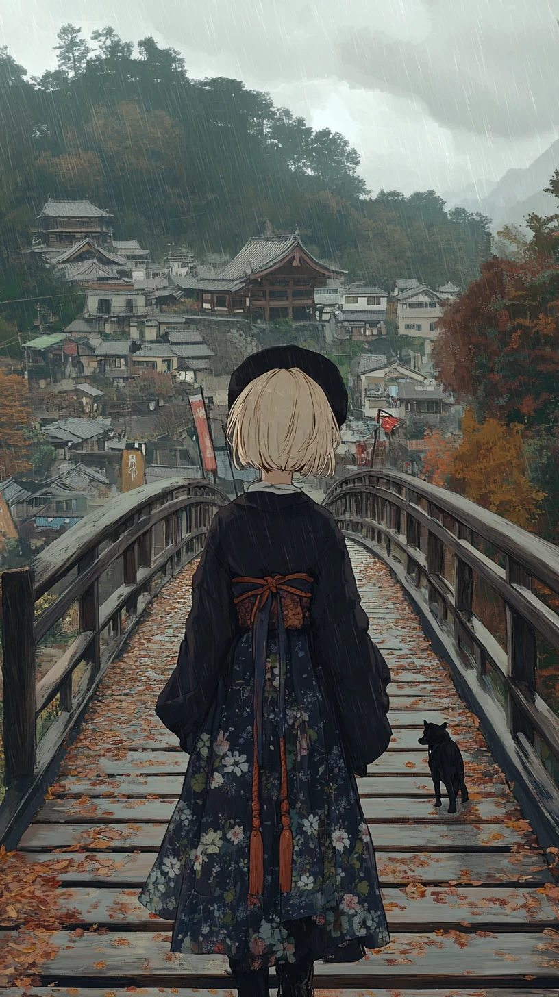 Anime girl walking with a dog across a wooden bridge