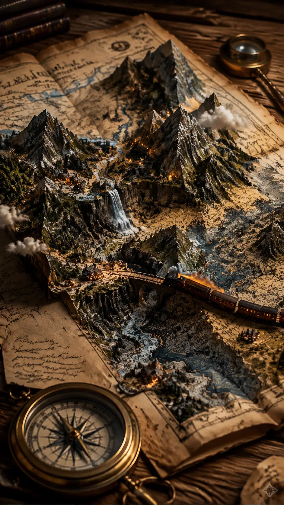 Vista macro di una mappa magica da esploratore che diventa un terreno reale