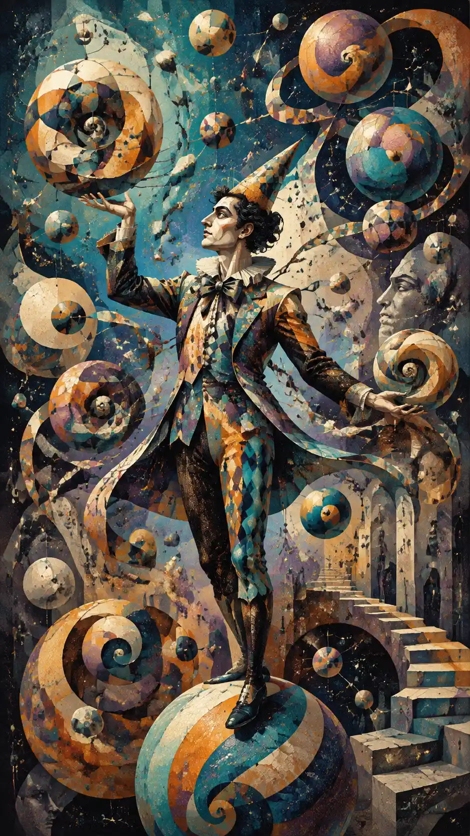 Surrealer Performer balanciert Spiralen und fragmentierte geometrische Sphären