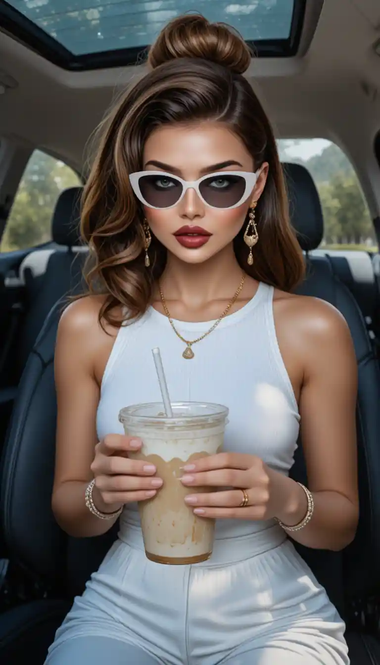 Blonde girl with shield sunglasses sipping iced matcha in car