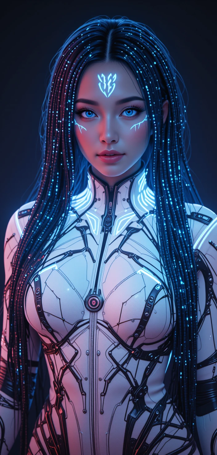 Mulher sci‑fi com tranças ciano brilhando em retrato no escuro
