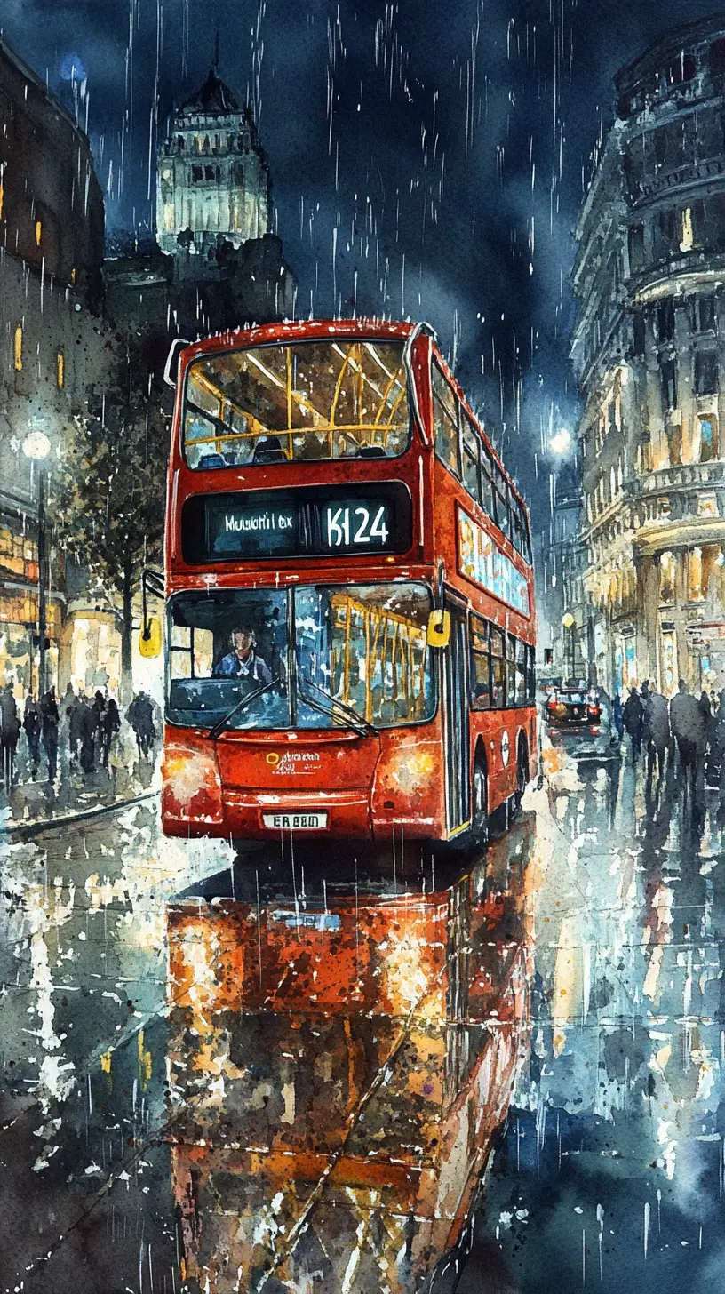 Scène nocturne à l’aquarelle d’un bus rouge de Londres sous la pluie