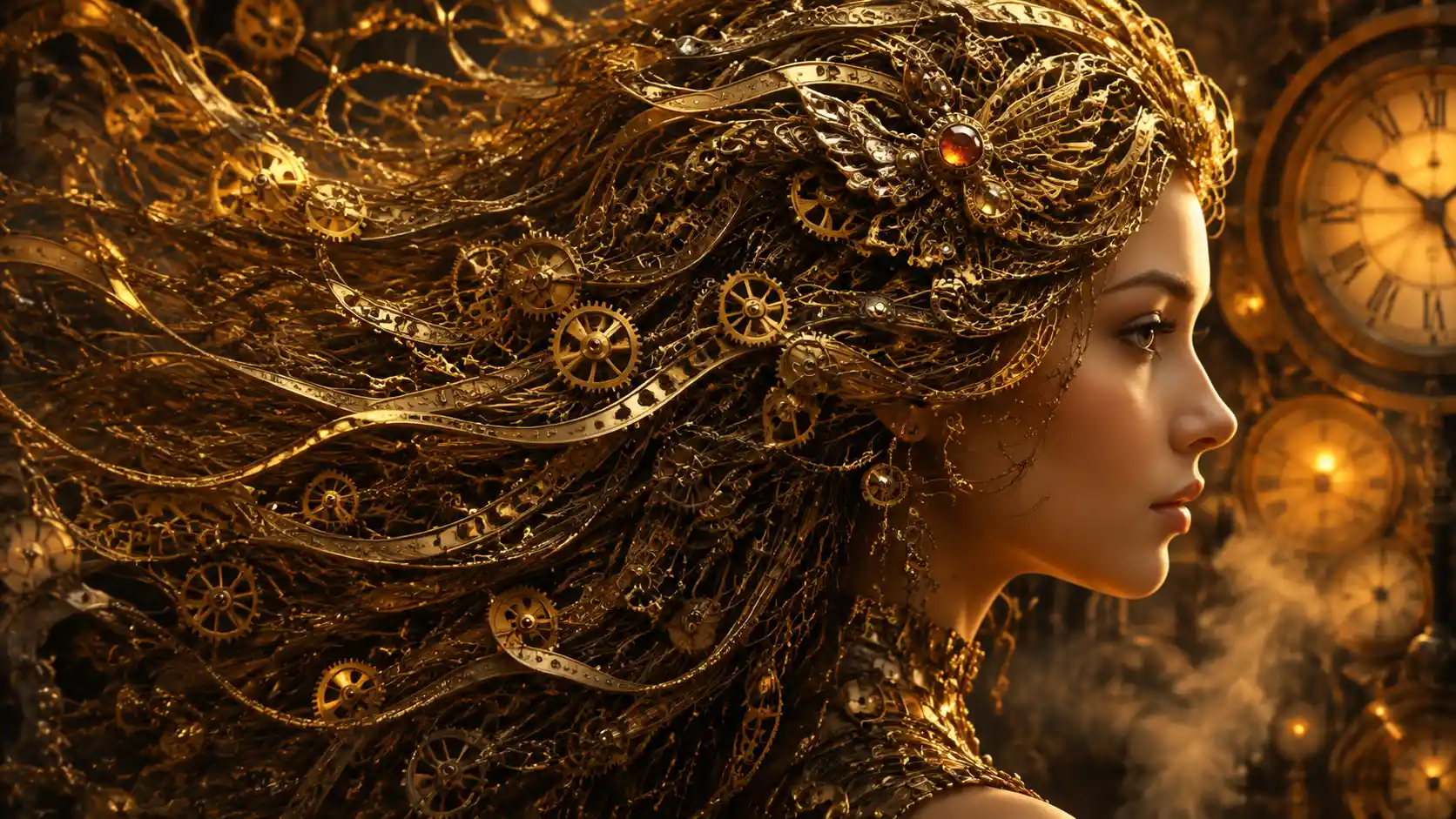 Steampunk Clockwork Hair Portrait In Warm Golden Light