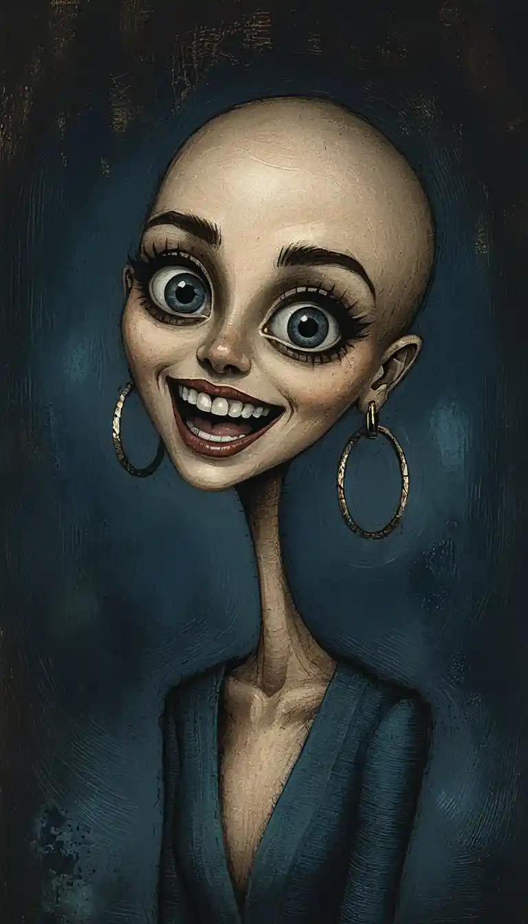 Dunkle Fantasy-Karikatur eines Porträts einer Frau mit langem Hals