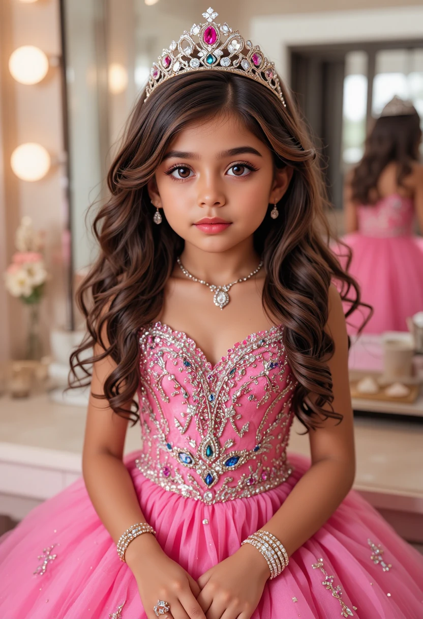 Garoto hispânico com vestido rosa de quinceañera em frente à penteadeira