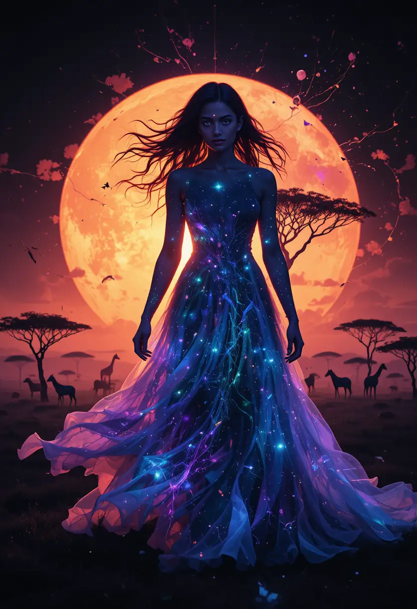 Ethereal Woman Blending With Serengeti Sunset Landscape