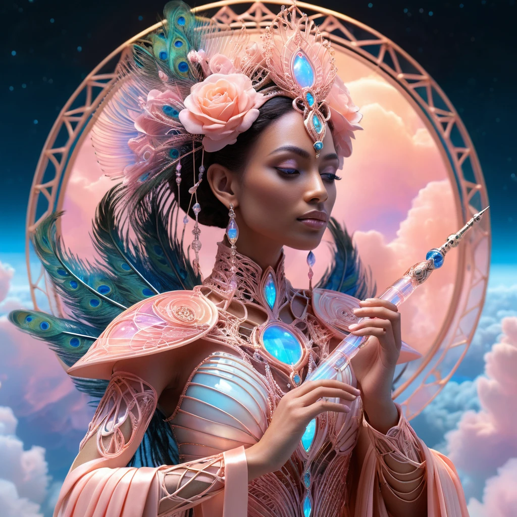 Reine cyber sereine tenant une flûte lumineuse en armure pastel