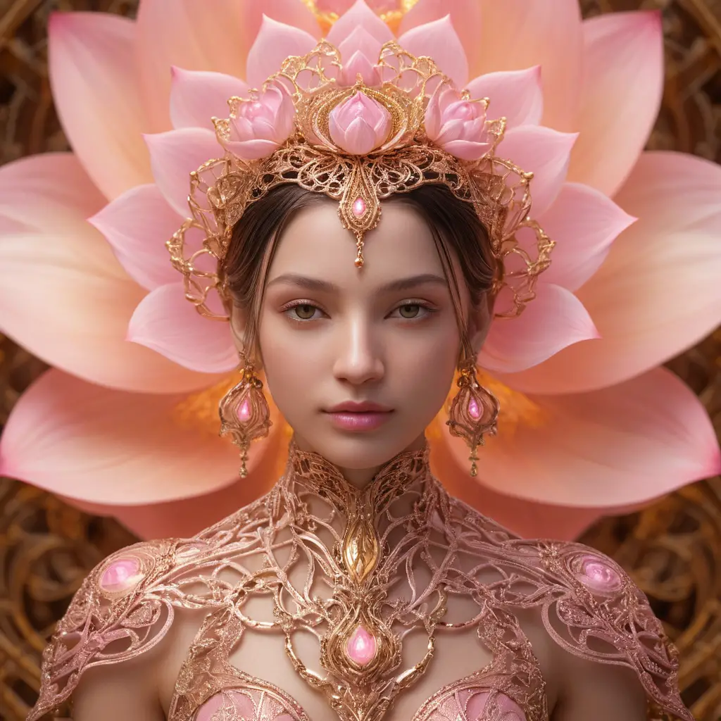 Bioluminescent princess holding a radiant mechanical lotus