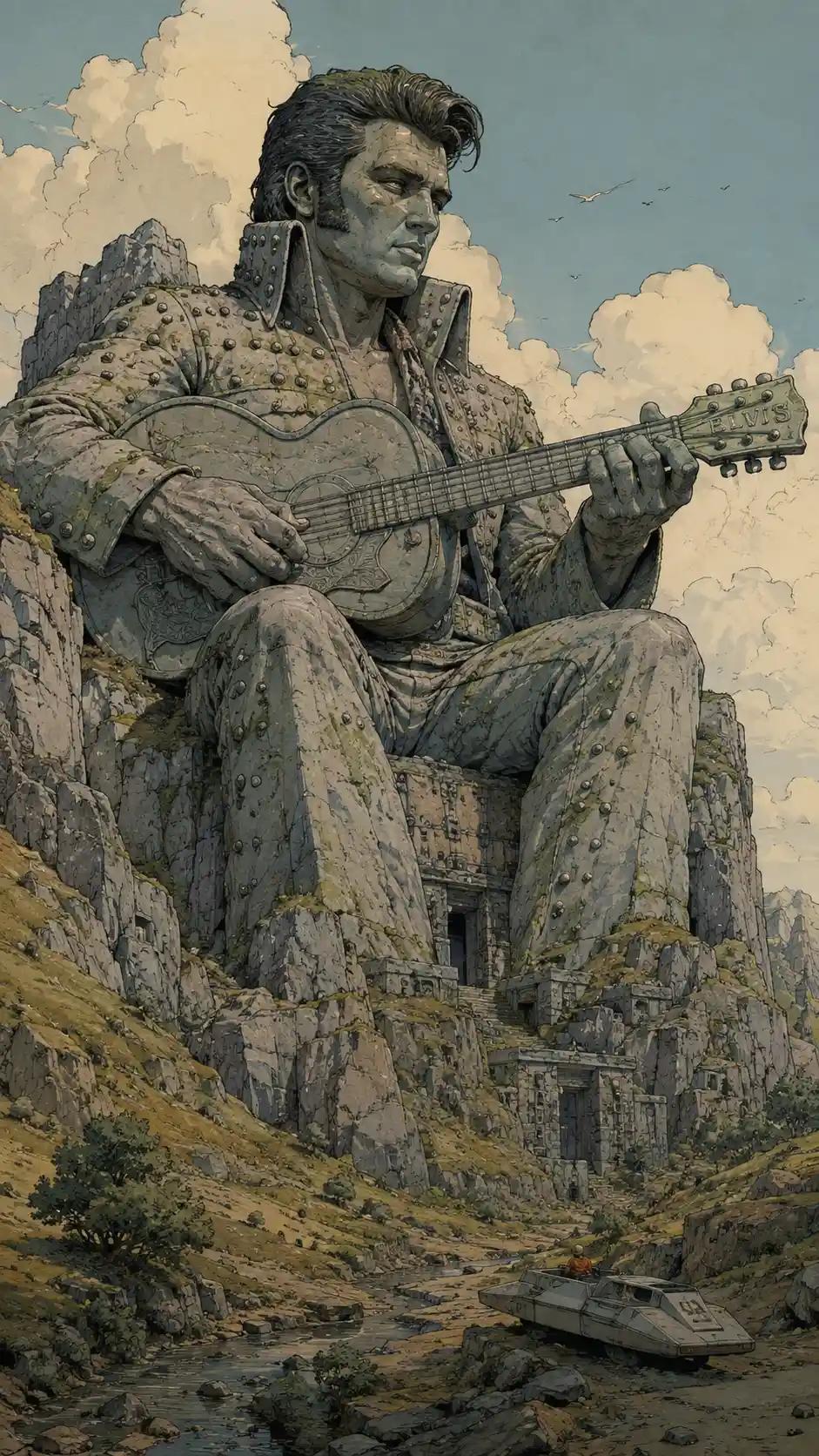 Colossal stone guitar figure carved into rocky cliffs