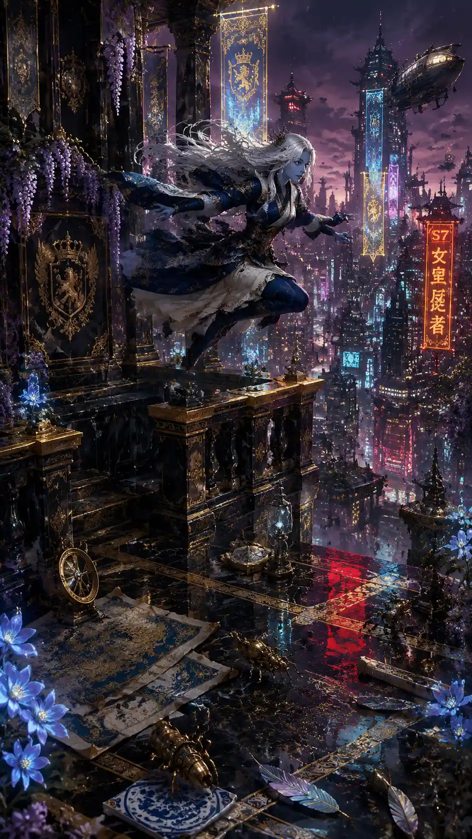 Principessa dalla pelle ciano che salta sopra una città cyberpunk al neon
