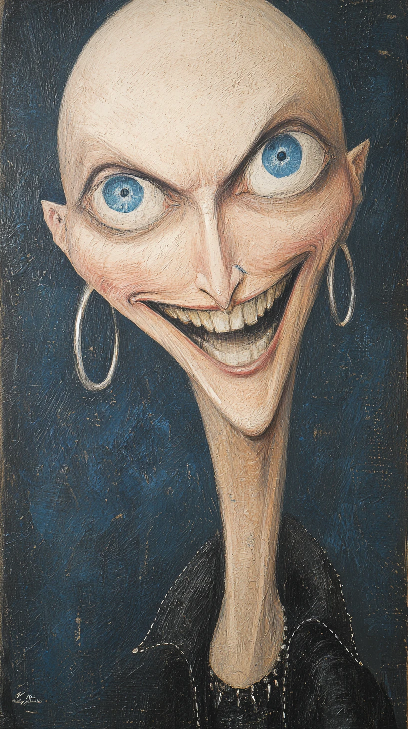Caricatura de fantasia sombria de uma mulher careca com pescoço longo