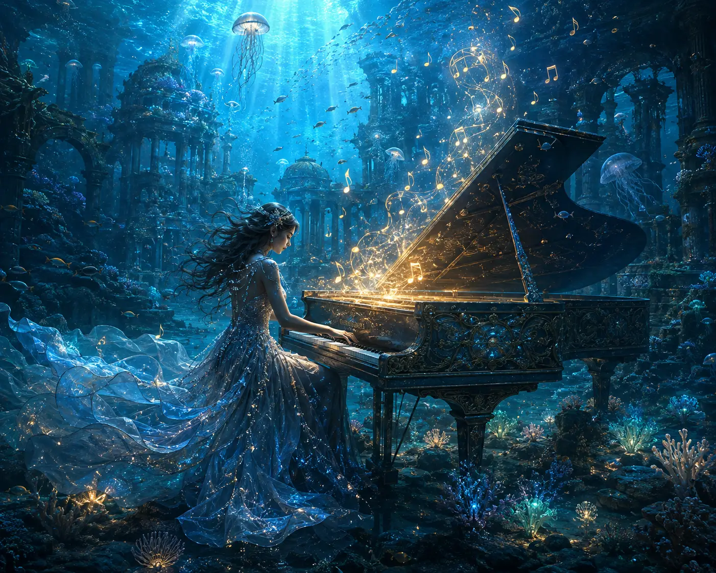 Mystical Pianist Playing A Grand Piano In Ruined Ocean City