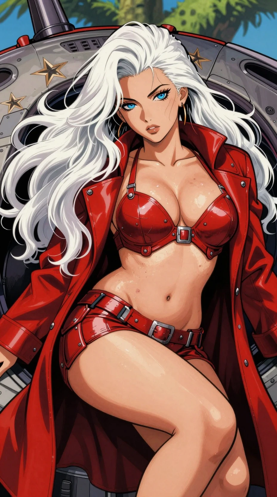 Anime heroine in red armor aboard a massive starship