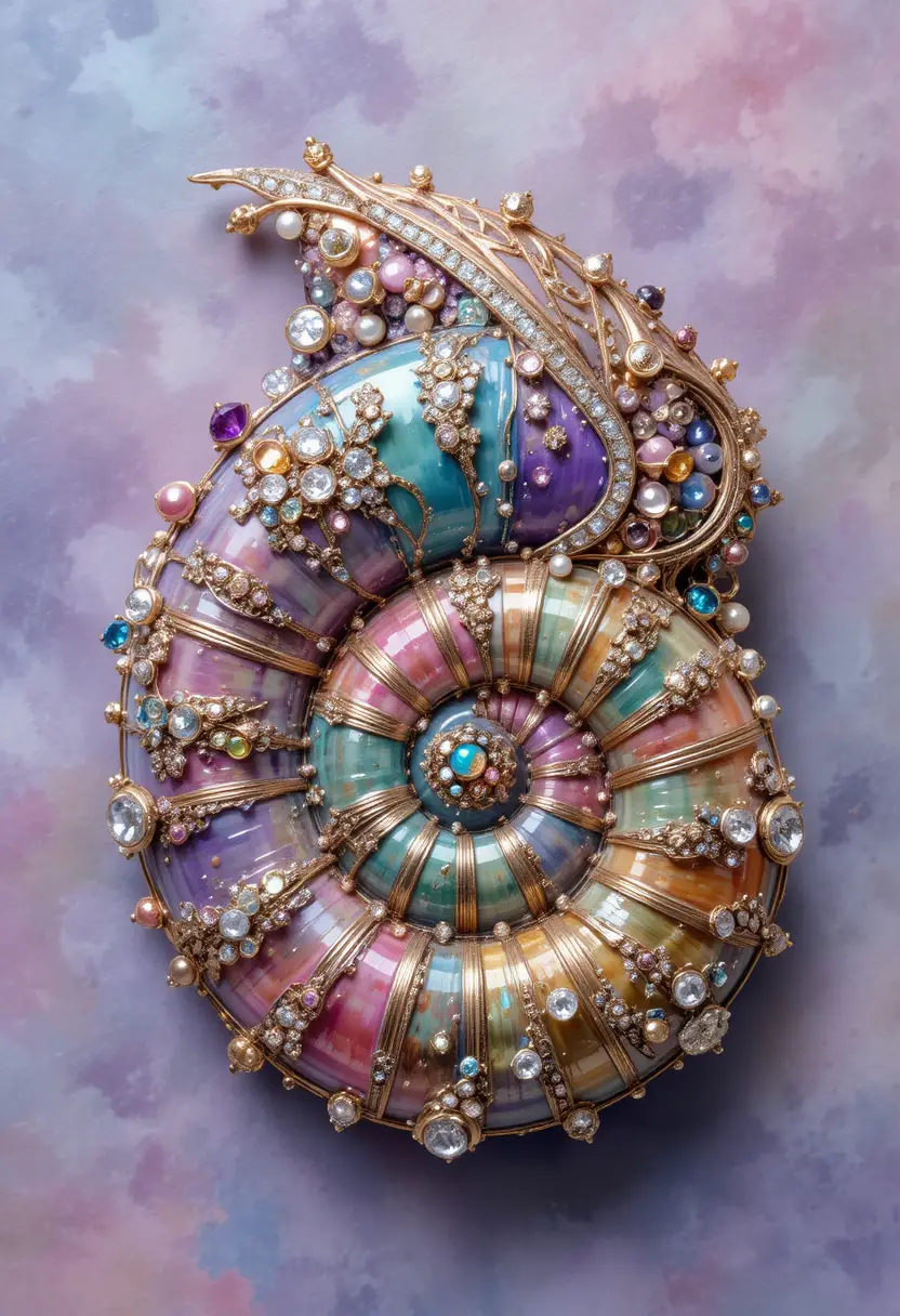 Multicolored nautilus shell with diamonds and gemstones