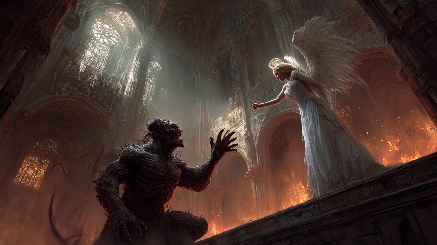 Ancient demon reaching for a radiant angel in cathedral