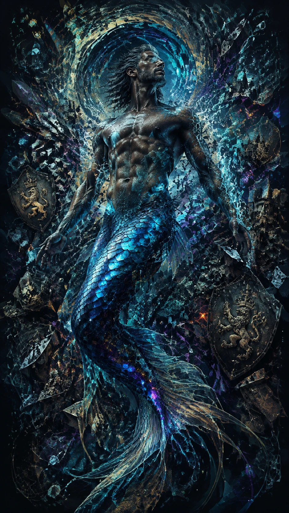 Bioluminescent merman rising from swirling abstract vortex