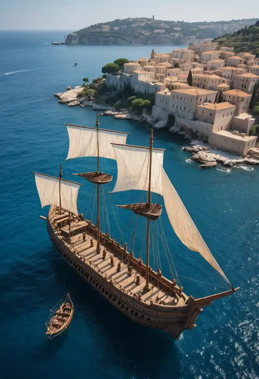 Roman trireme crossing a bright Mediterranean coastline