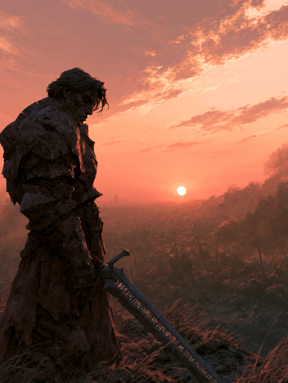 Battle worn paladin standing victorious at sunset battlefield