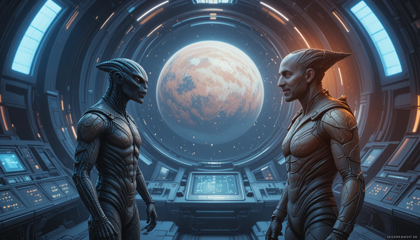Mulher de ficção científica cinematográfica na ponte da nave enfrentando alienígena