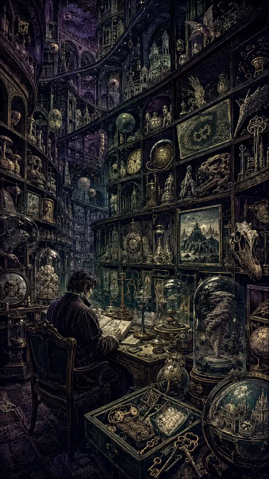 Bibliothèque infinie d’artefacts impossibles dans un intérieur sombre