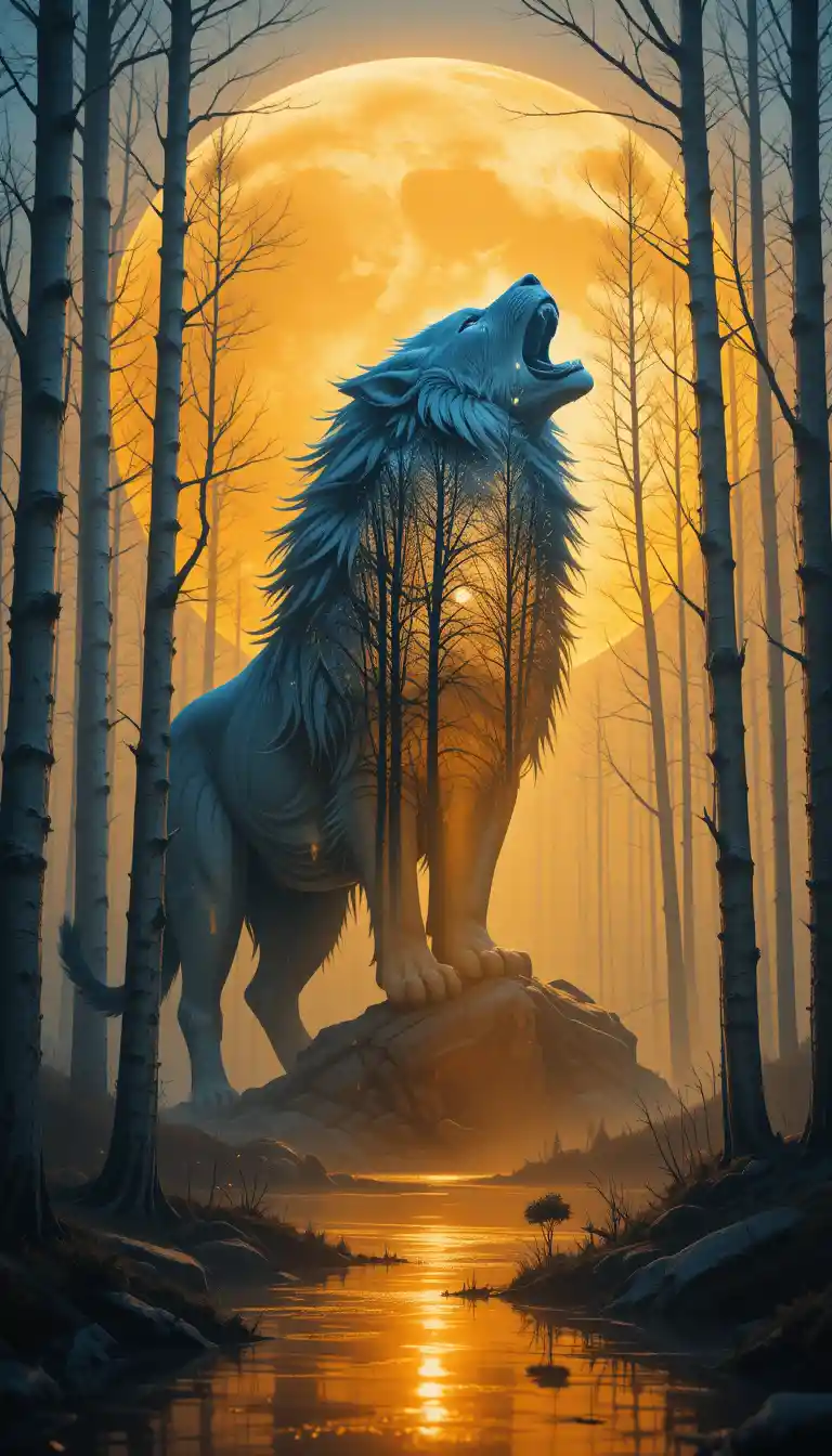 Double exposition d’une silhouette de lion bleu sur une forêt de bouleaux