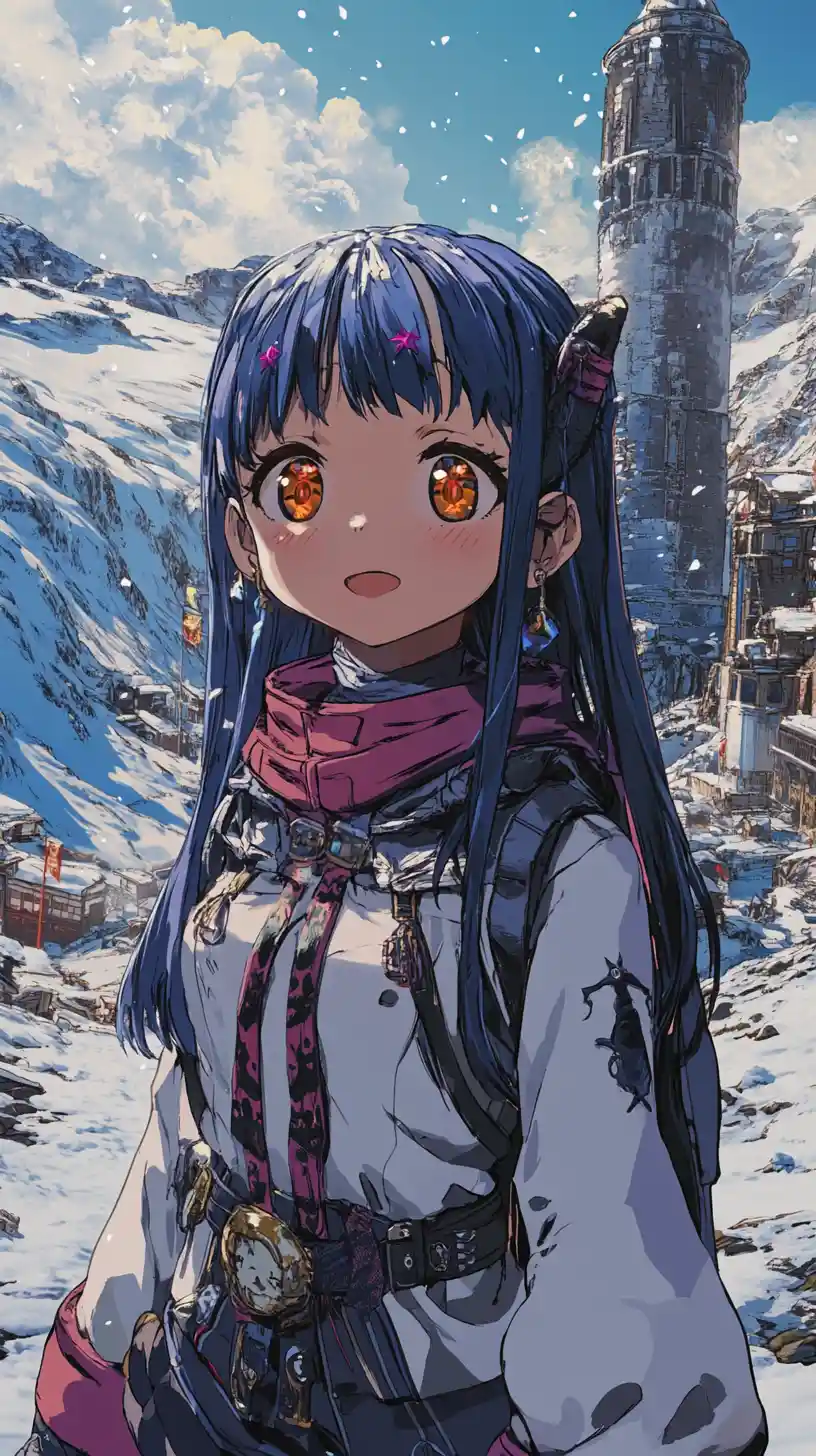 Anime-Mädchen im verschneiten Dorf bei einem Stahlturm