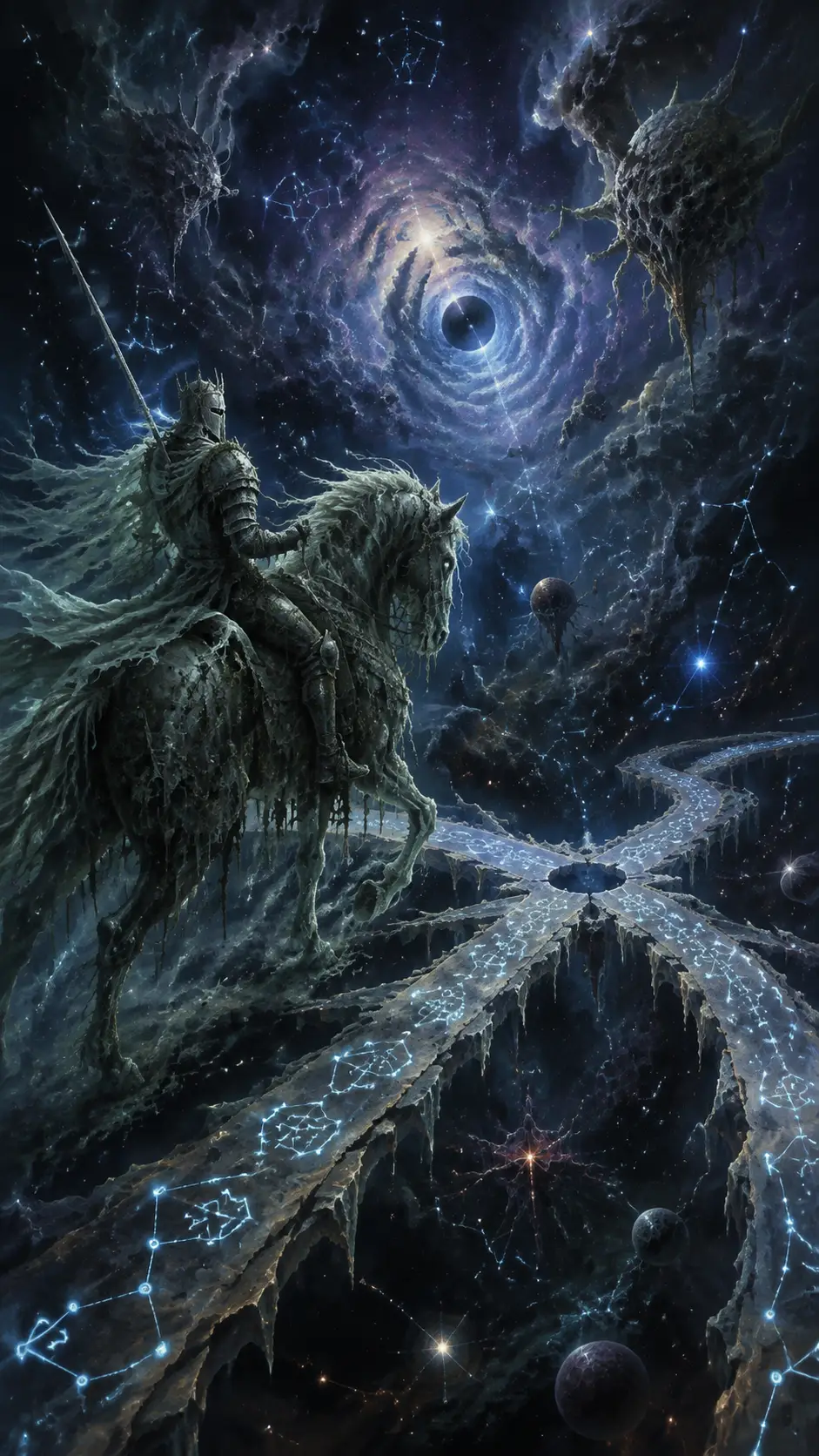 Spectral knight riding a phantom steed through nebula