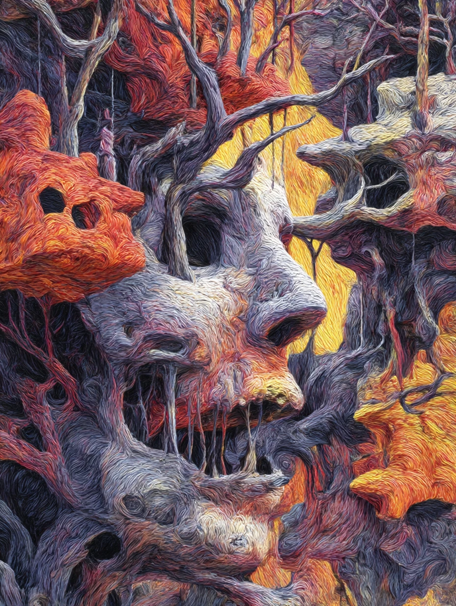 Surreal human forms twisting through dreamlike abstract landscapes
