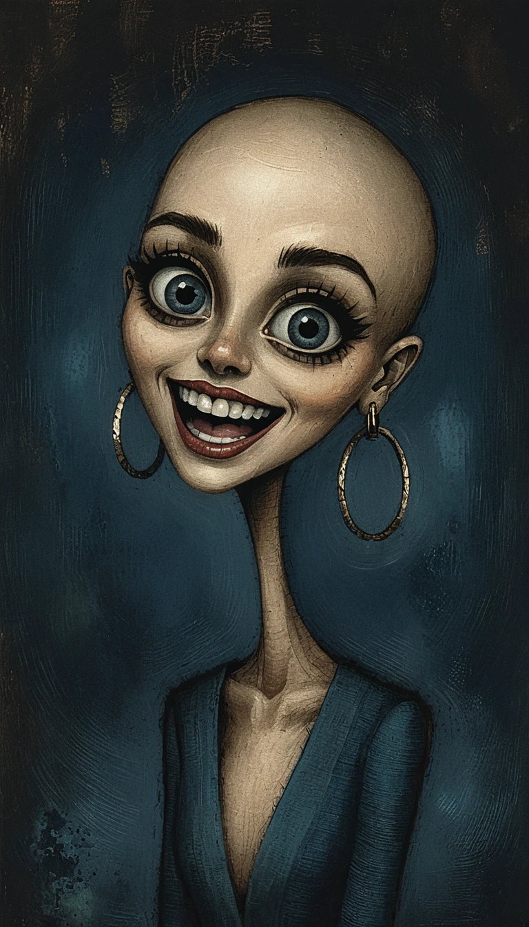 Retrato em caricatura de fantasia sombria de uma mulher com pescoço longo