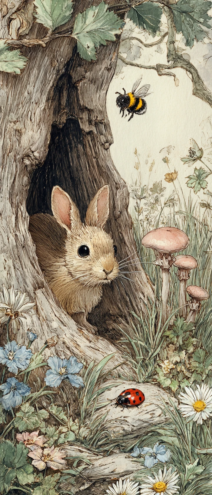 Coelho curioso em cena aquarela de oco de árvore na floresta
