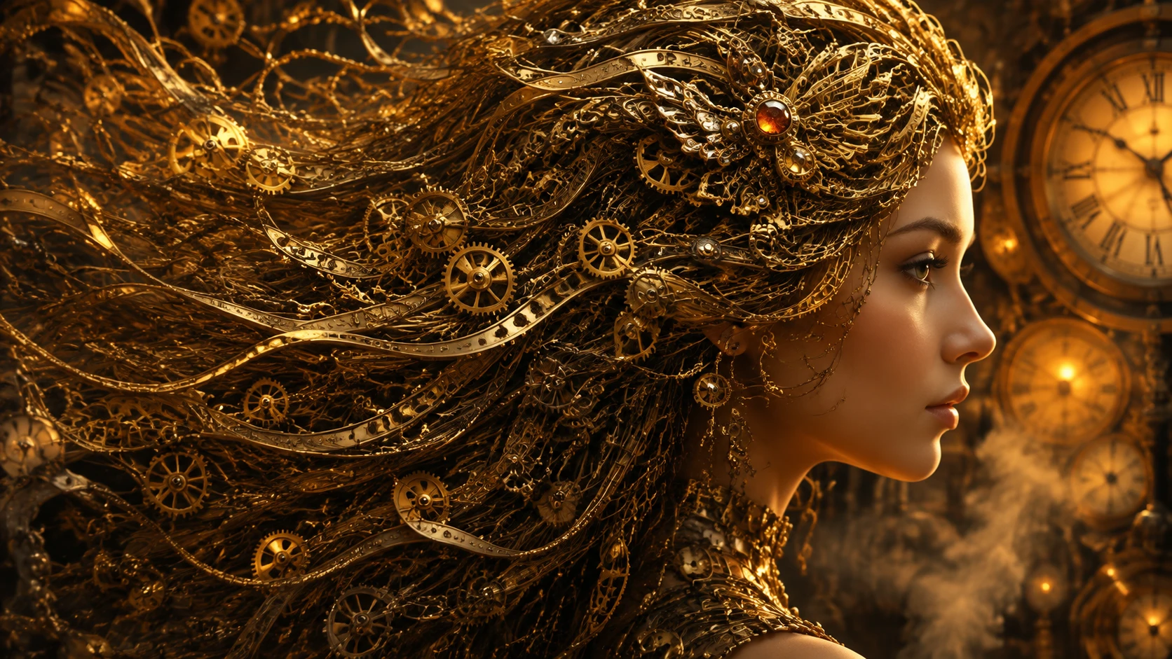 Ritratto Steampunk con Capelli a Ingranaggi in Calda Luce Dorata
