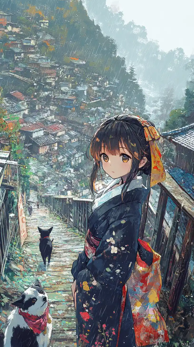 Anime girl walking with a dog across a wooden bridge