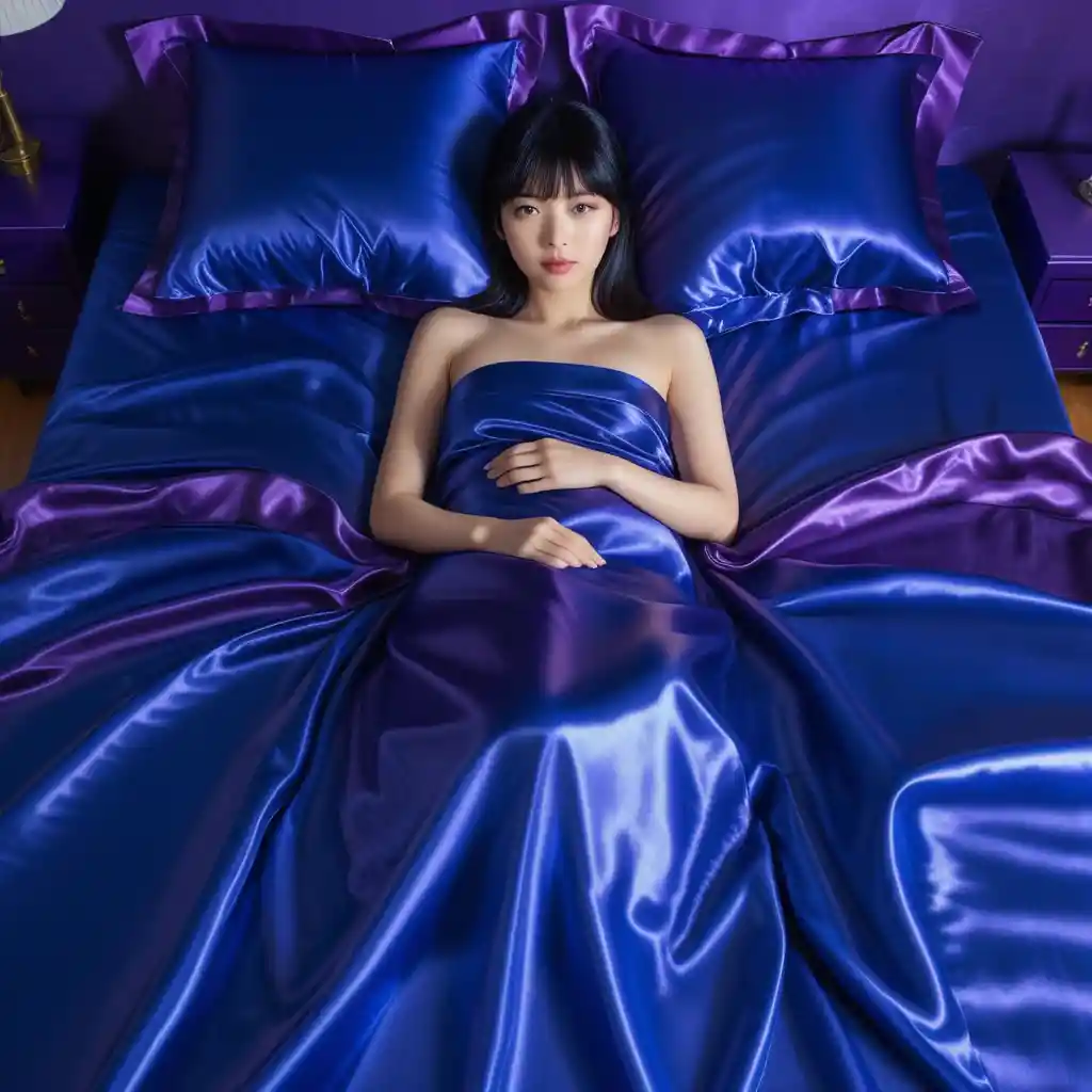 Mujer japonesa tumbada en una cama de satén azul real y púrpura