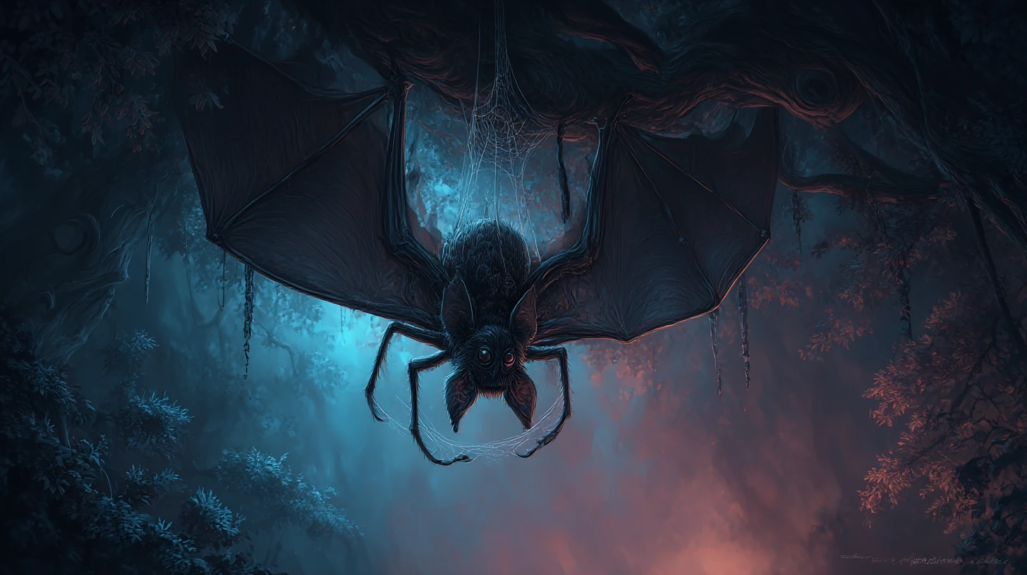 Monstro morcego-aranha em uma floresta sombria e encantada