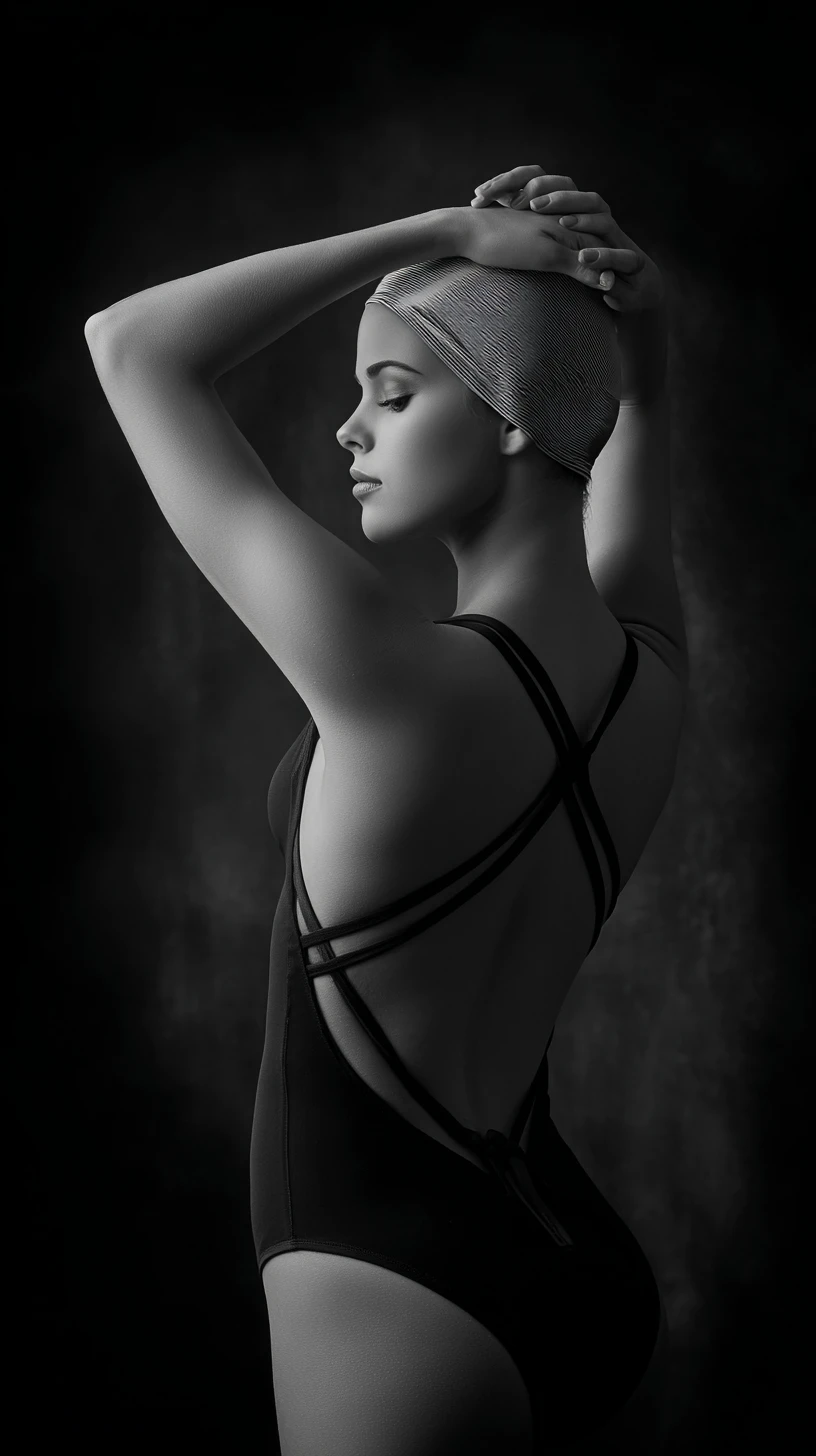 Retrato em perfil de alto contraste de nadadora concentrada