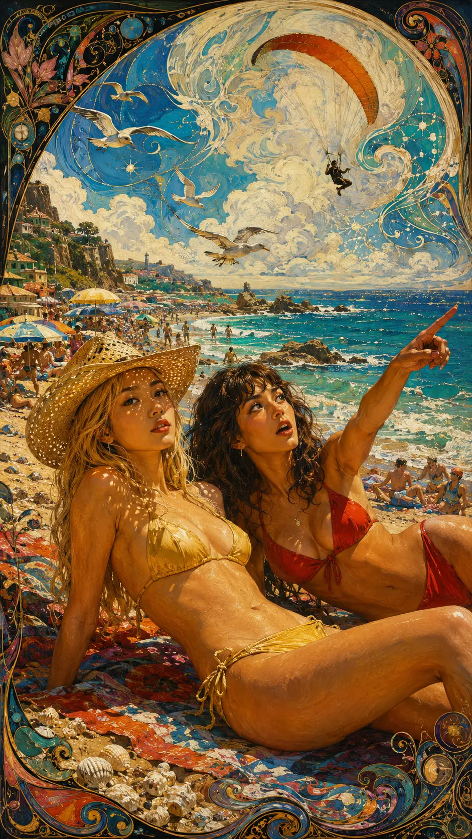 Two women relaxing on a sunny surreal beach