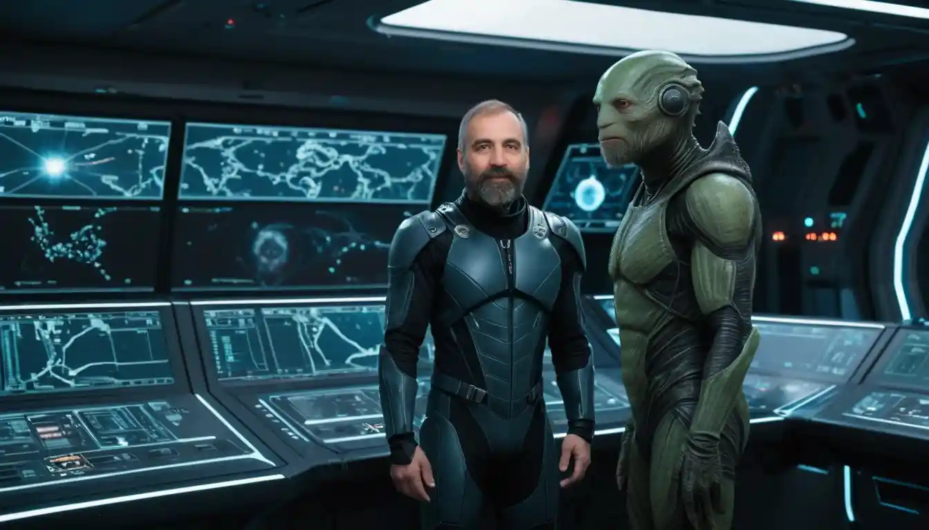 Man Confronts Alien On Futuristic Starship Bridge