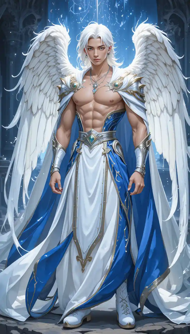 은빛 눈과 신성한 문신을 지닌 날개 달린 애니메이션 수호자