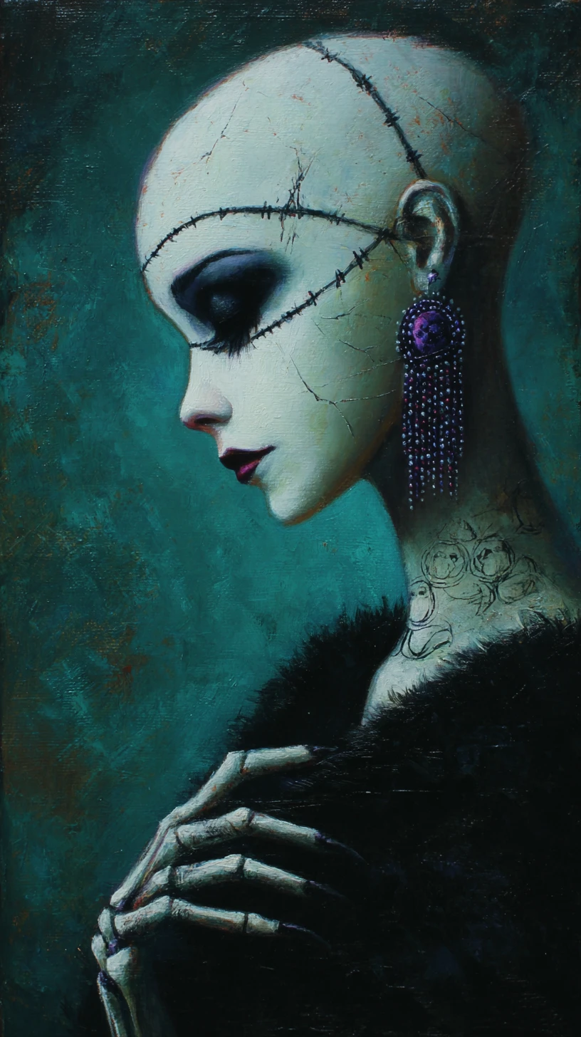 Retrato gótico surreal de uma mulher com pescoço alongado