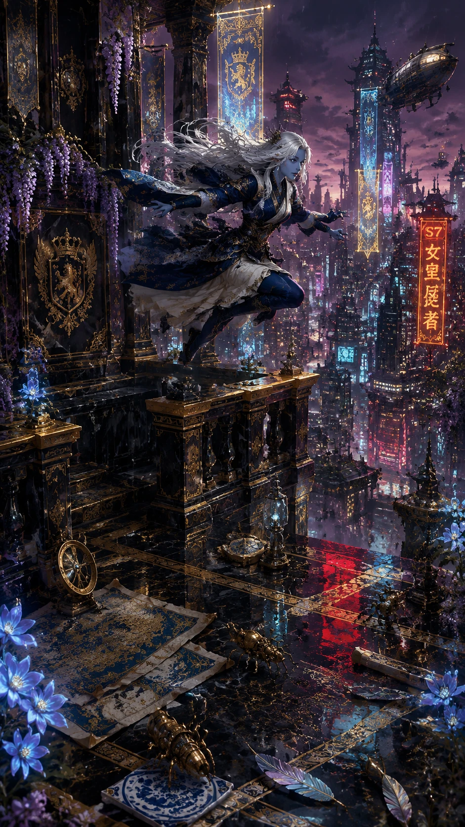 Cyan skinned princess leaping above a neon cyberpunk city