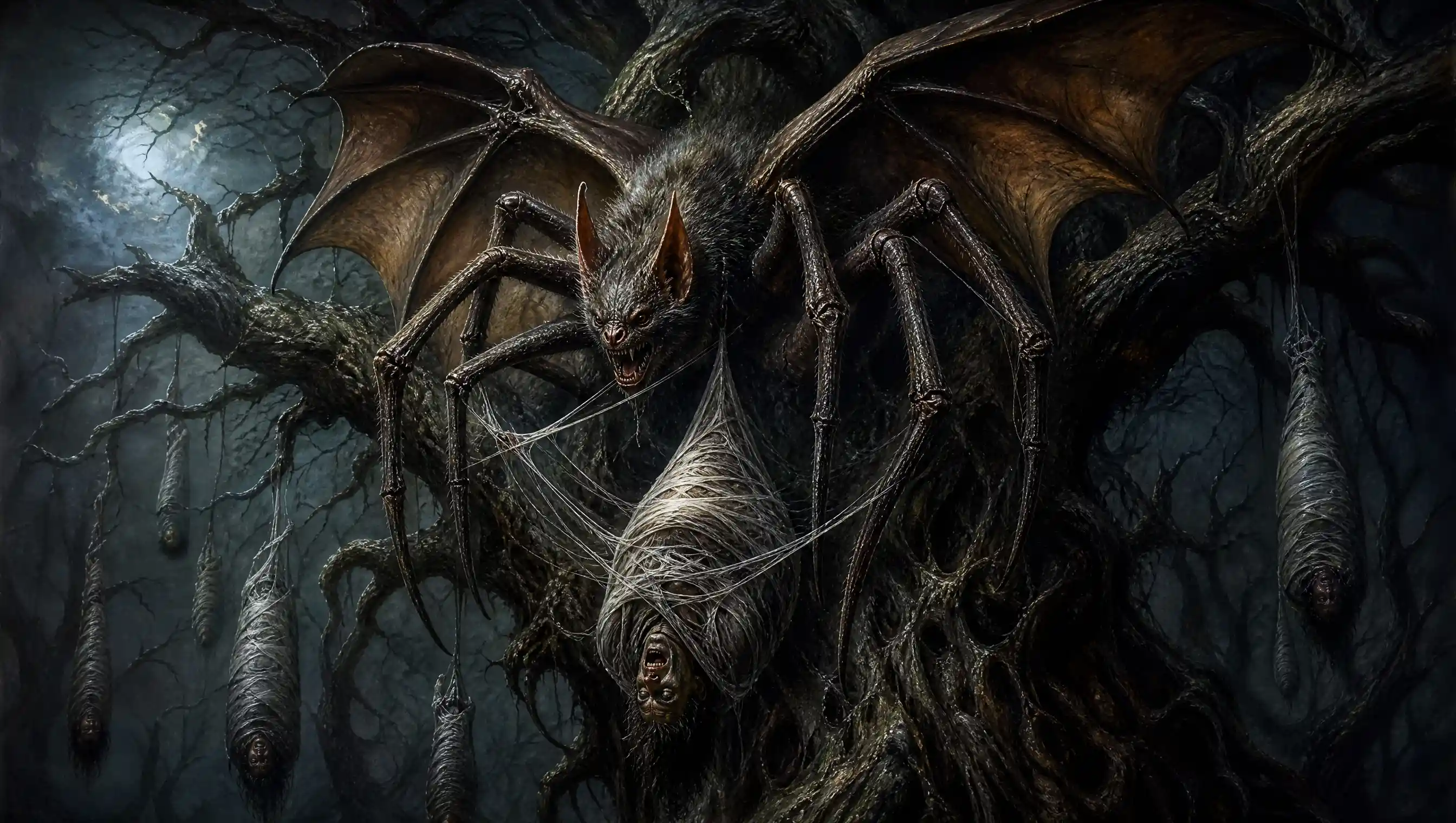 Spinnen-Fledermaus-Monster in einem dunklen verzauberten Wald