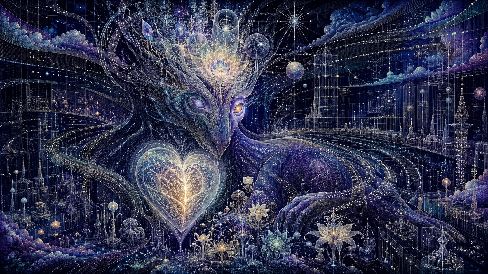 Surreal fantasy creature with glowing heart beyond measured patterns
