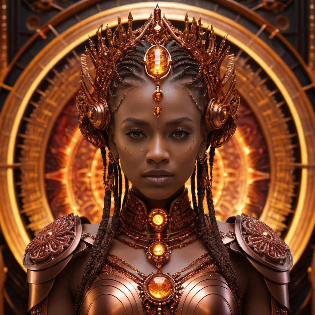 Copper biomechanical queen on a glowing war battlefield