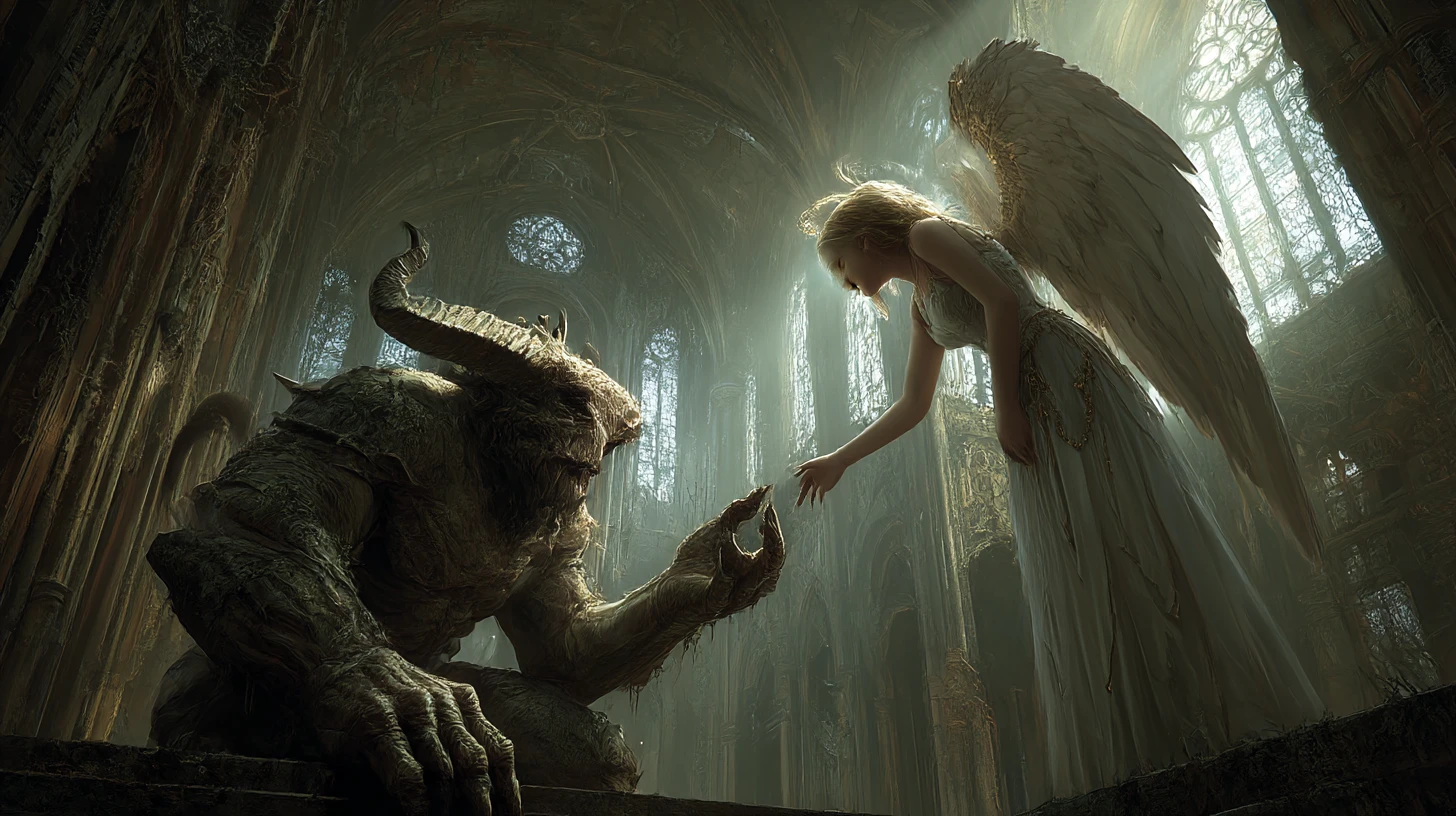 Antiguo demonio alcanzando a un ángel celestial femenino