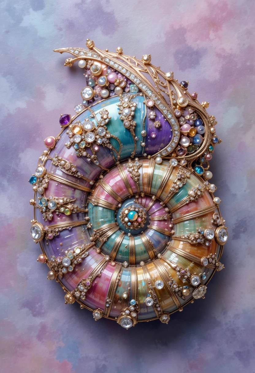 Multicolored nautilus shell with diamonds and gemstones