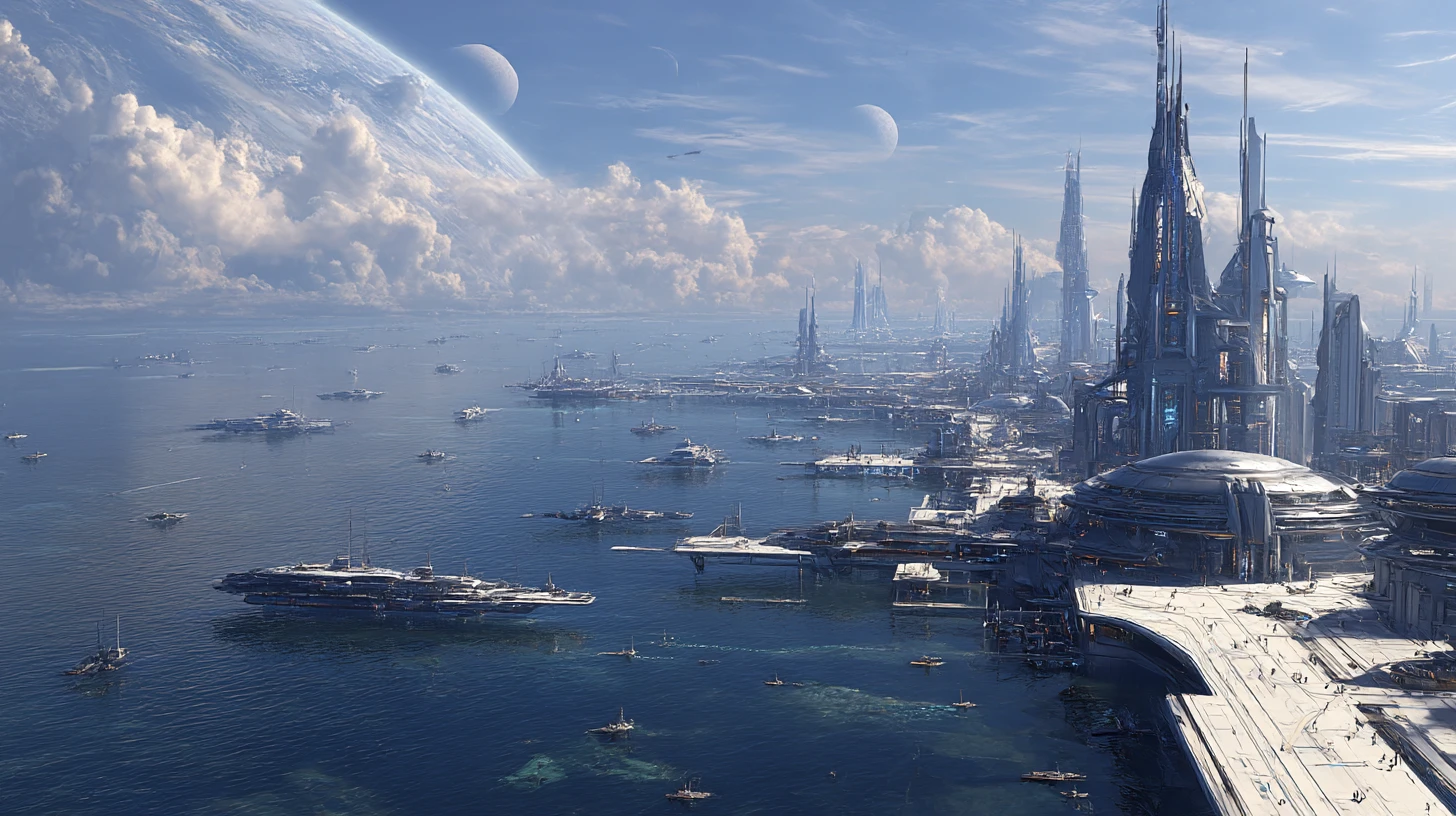 Futuristic coastal city on an alien world with three moons