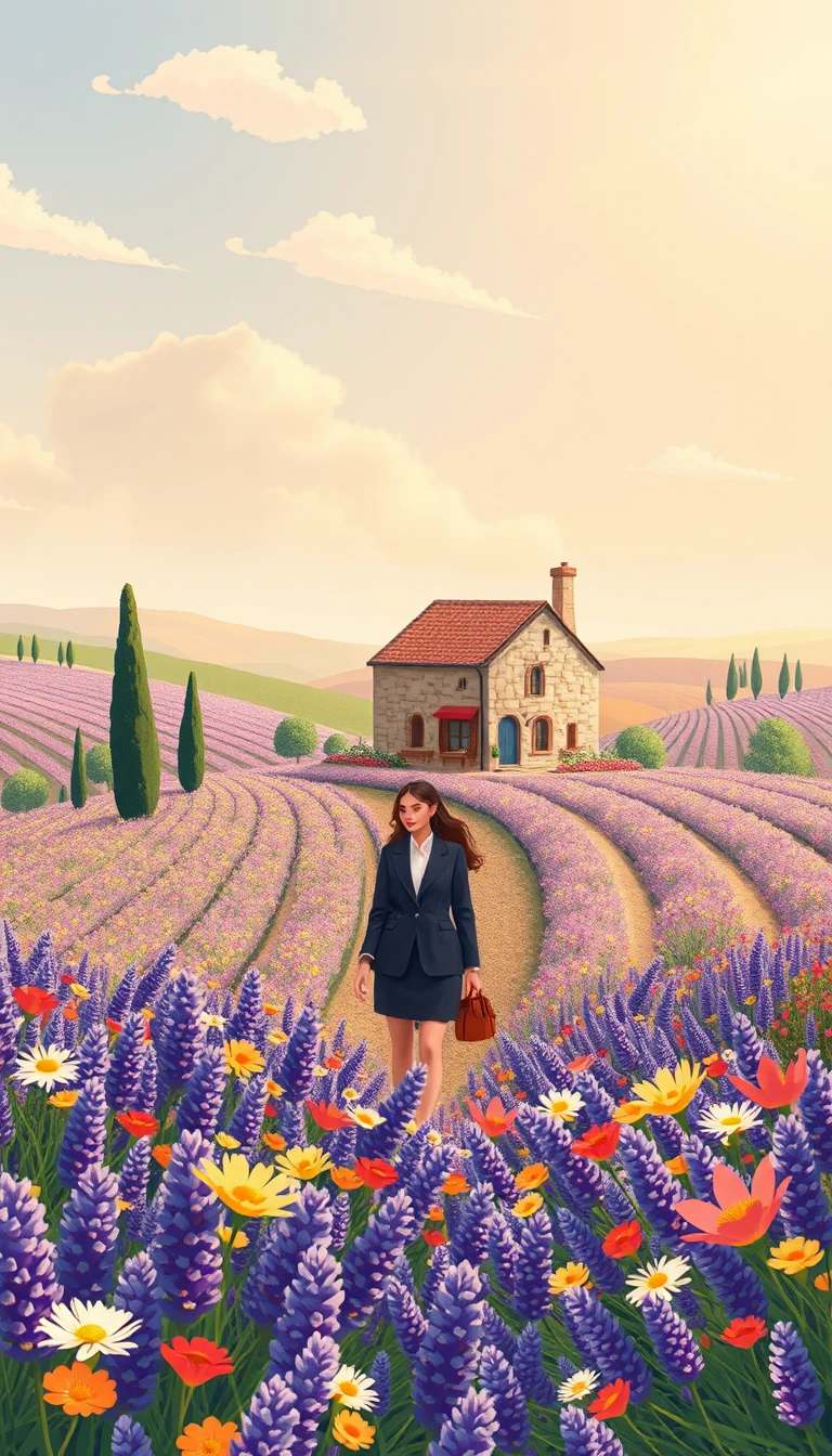 Fille féerique dans un champ de fleurs pastel aux floraisons magiques
