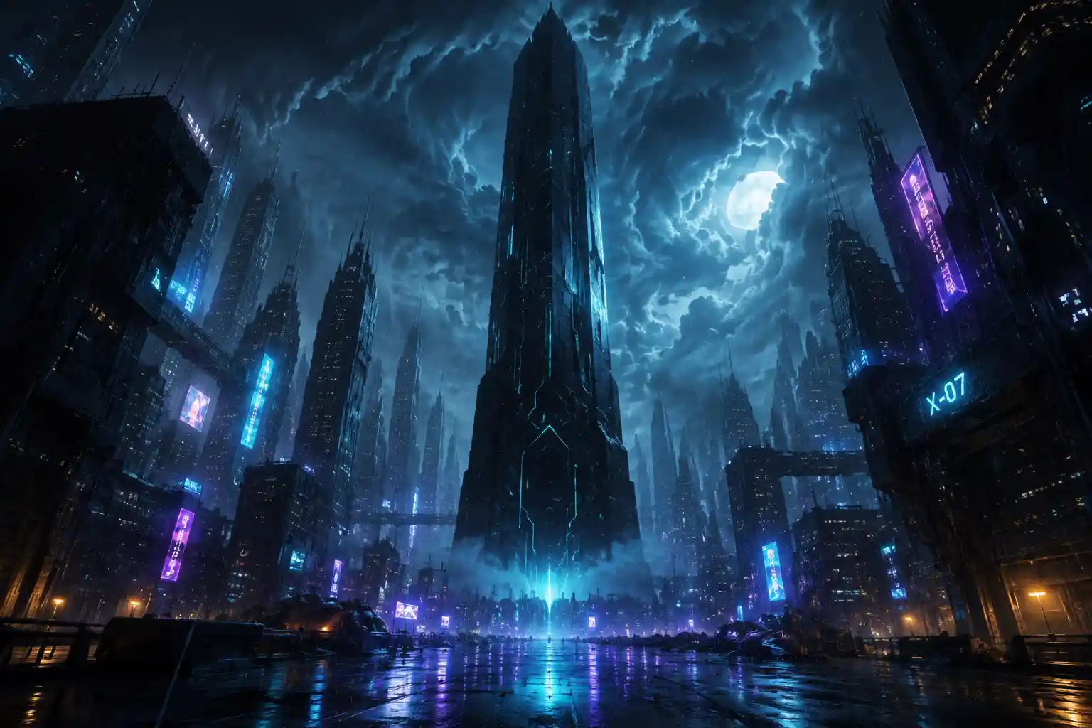 Monólito alienígena colossal pairando sobre uma cidade futurista chuvosa